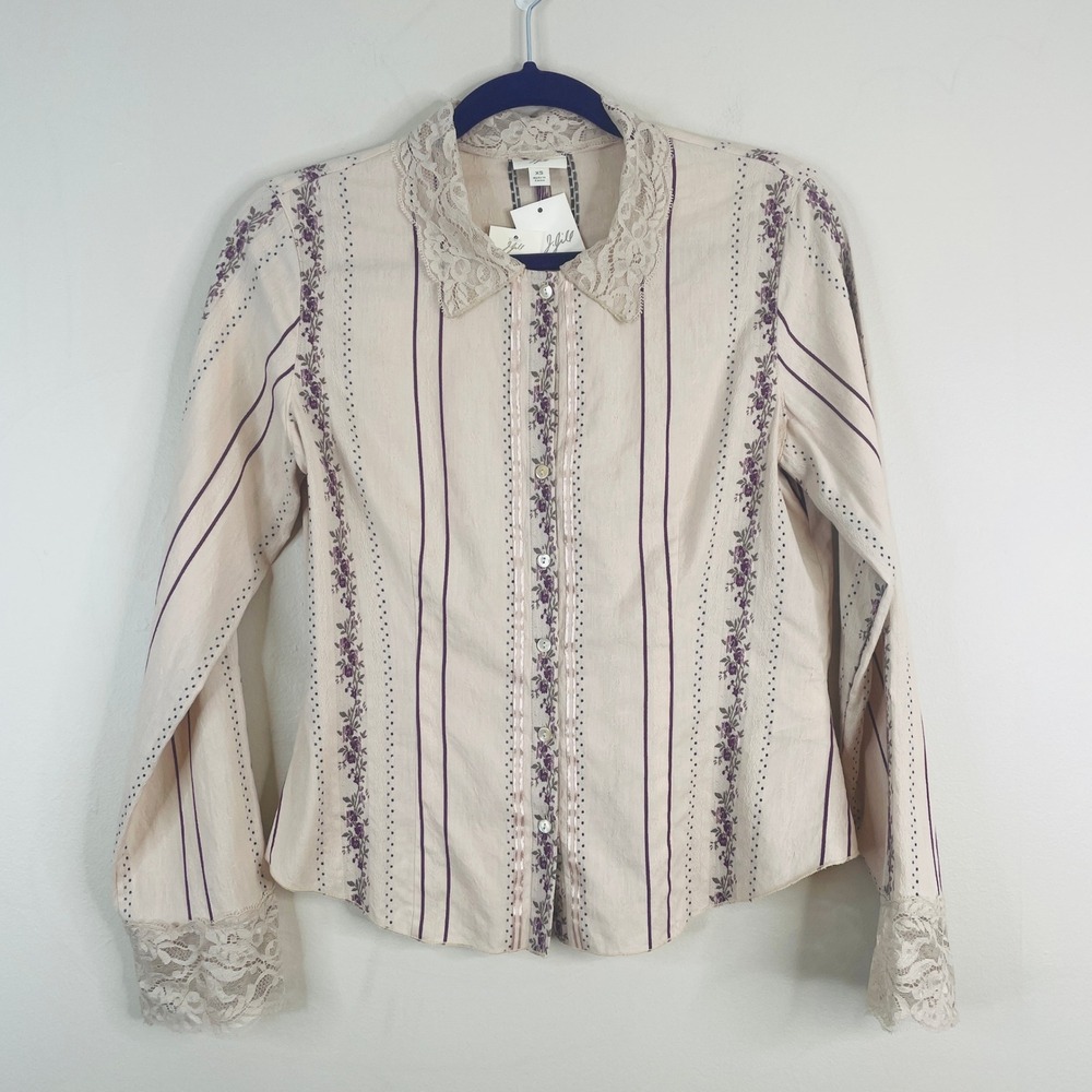 J Jill Lace Trim Lace Up Back Top NWT XSmall Cottage Floral Feminine Button Up